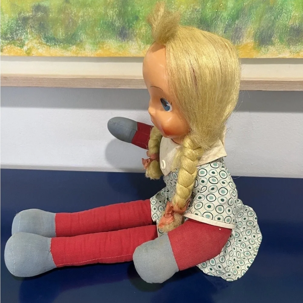 Carnival Plastic Face Cloth Fabric Doll Blonde Hair Braids Blue Eyes Vintage 60s